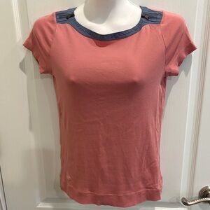 Lauren Ralph Lauren Women's Pink Short Sleeve Scoop Neck Top with Blue Trim Sz M